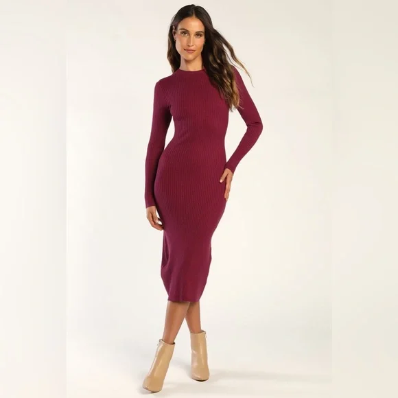 🍇 LULUs Autumn Attitude Dark Magenta Long Sleeve Cutout Sweater Dress. LARGE - Picture 2 of 5